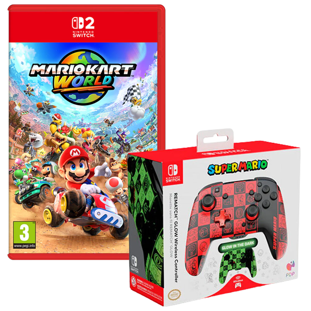 Mario Kart World with PDP Wireless Deluxe Controller GLOW Super Icons (Switch 2)